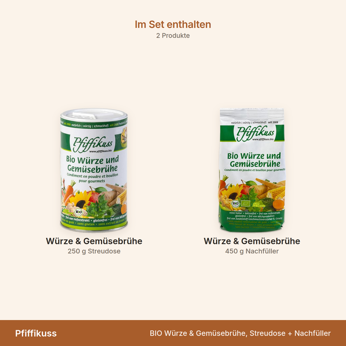 Pfiffikuss BIO Würze & Gemüsebrühe, Streudose + Nachfüller – Übersicht der enthaltenen Produkte mit Mengenangaben
