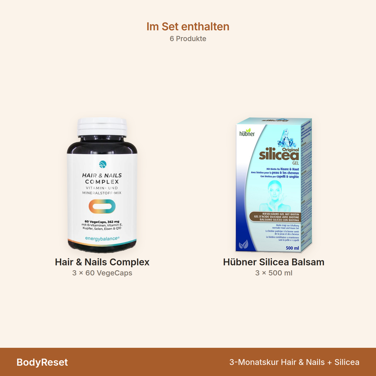 BodyReset 3-Monatskur Hair & Nails + Silicea – Übersicht der enthaltenen Produkte mit Mengenangaben