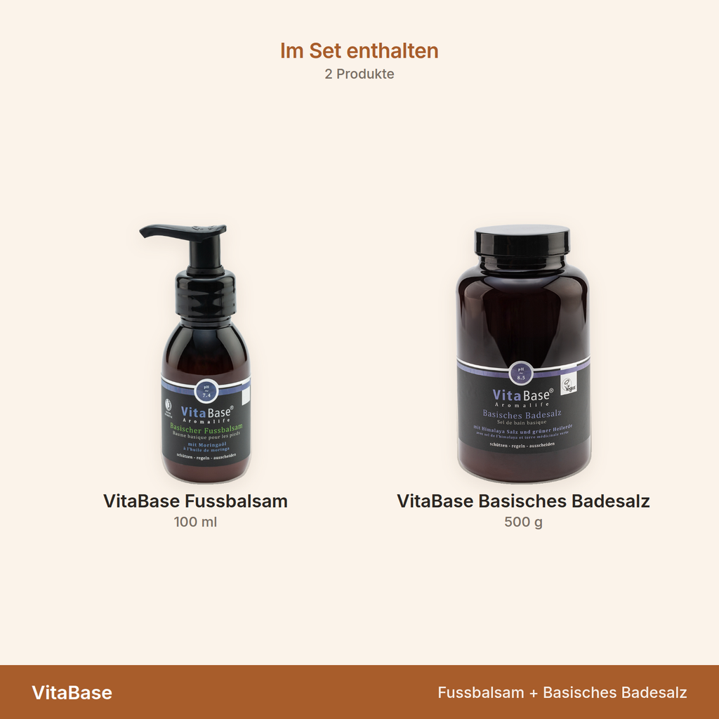 VitaBase Fussbalsam + Basisches Badesalz – Übersicht der enthaltenen Produkte mit Mengenangaben