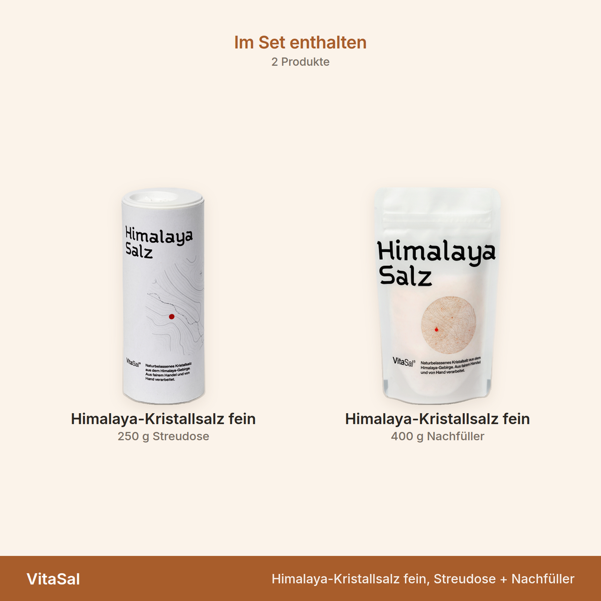 VitaSal Himalaya-Kristallsalz fein, Streudose + Nachfüller – Übersicht der enthaltenen Produkte mit Mengenangaben
