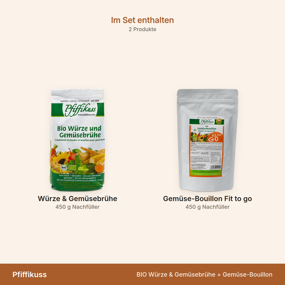 Pfiffikuss BIO Würze & Gemüsebrühe + Gemüse-Bouillon – Übersicht der enthaltenen Produkte mit Mengenangaben