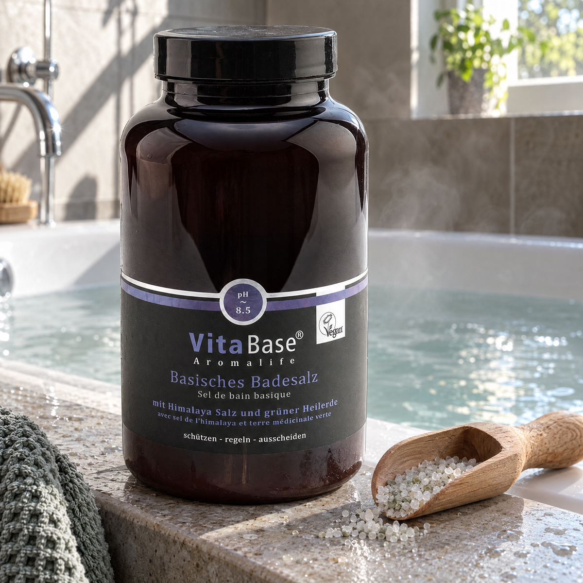 VitaBase Basisches Badesalz mit grüner Heilerde 500 g – am Rand einer gefüllten Badewanne