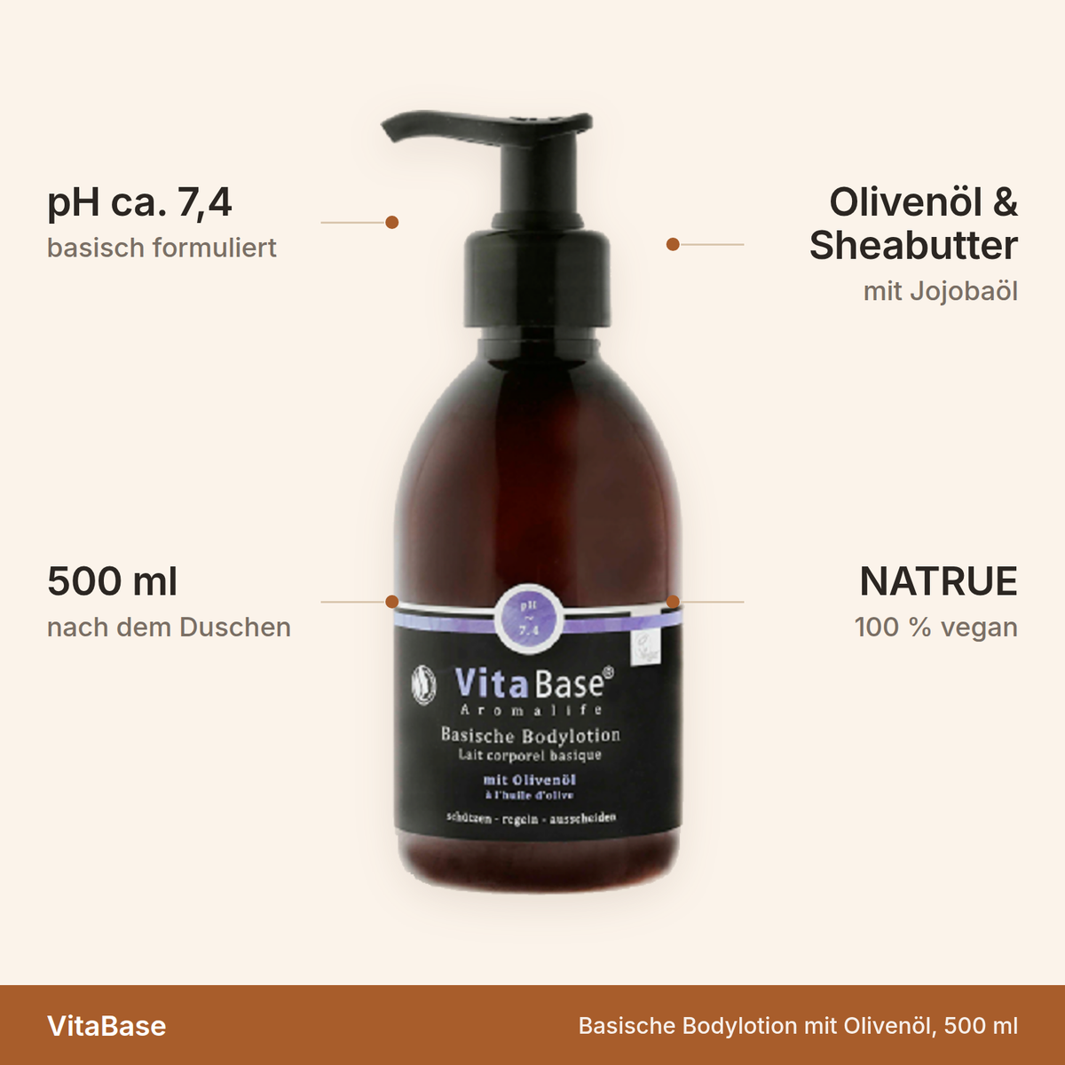 VitaBase Basische Bodylotion 500 ml – pH ca. 7,4, Olivenöl und Sheabutter, NATRUE, 100 Prozent vegan