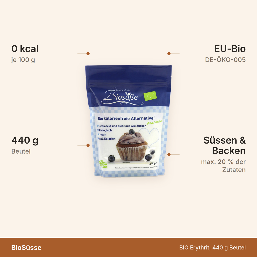 BIO Erythrit – 0 kcal je 100 g, 440 g Beutel, EU-Bio DE-ÖKO-005, zum Süssen und Backen