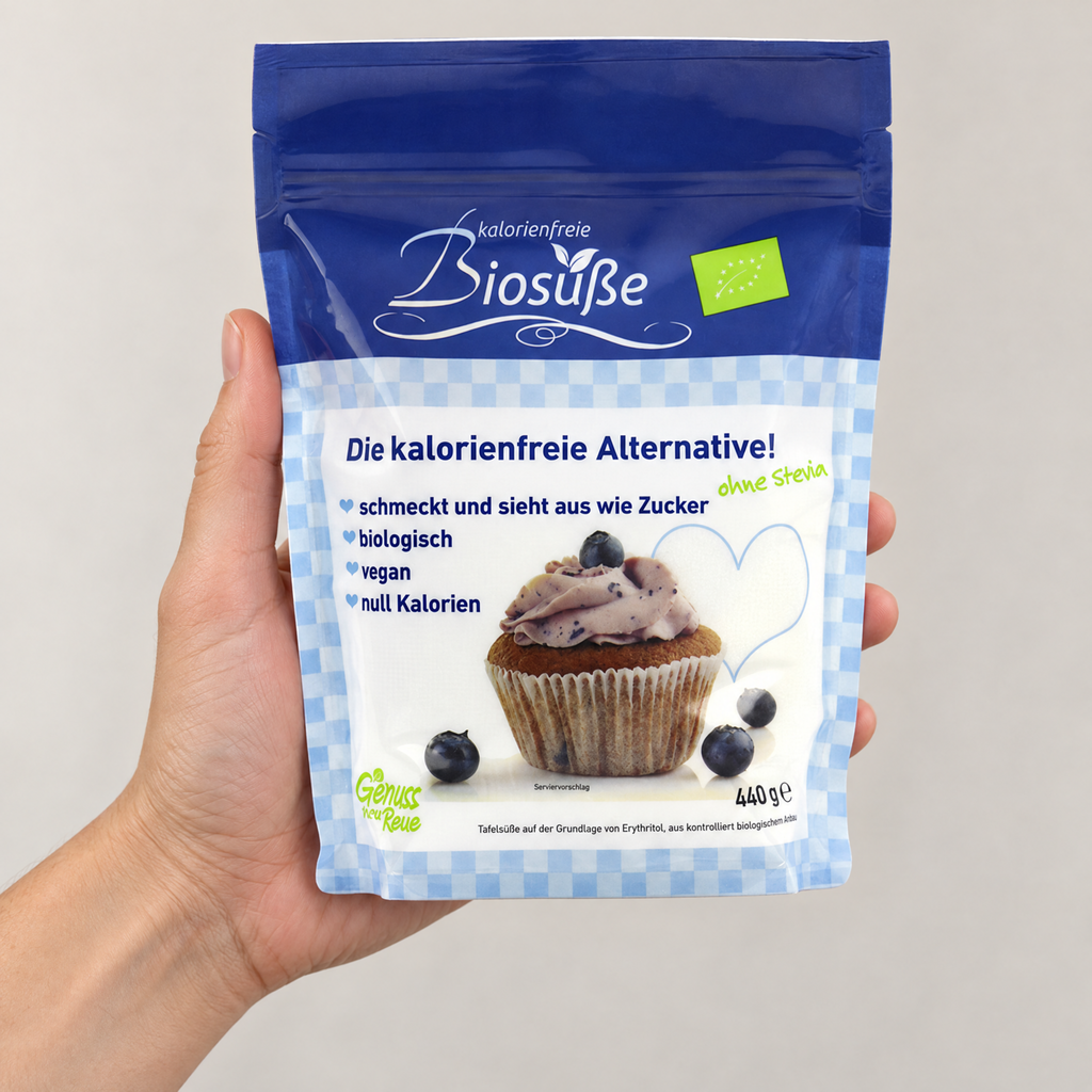 BioSüsse BIO Erythrit 440 g – Grössenvergleich in der Hand