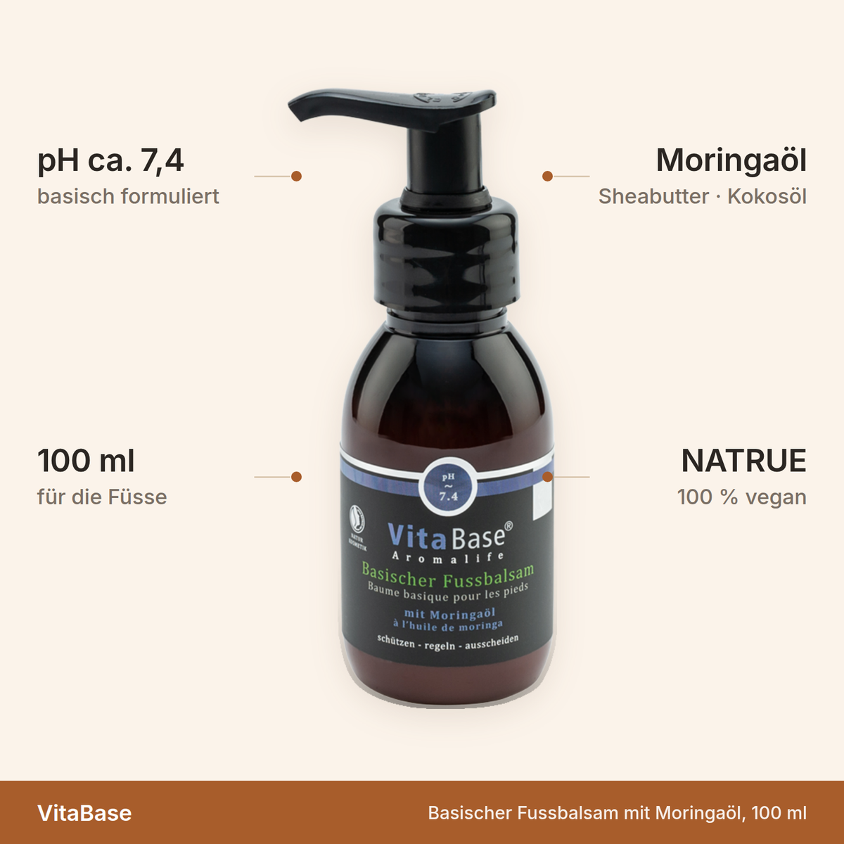 Basischer Fussbalsam – pH ca. 7,4, 100 ml, Moringaöl und Sheabutter, NATRUE, 100 Prozent vegan