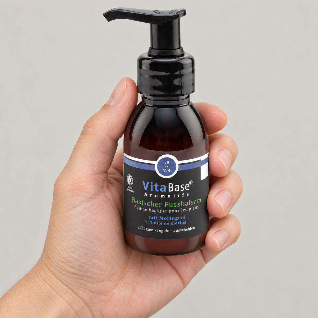 VitaBase Basischer Fussbalsam mit Moringaöl 100 ml – Grössenvergleich in der Hand