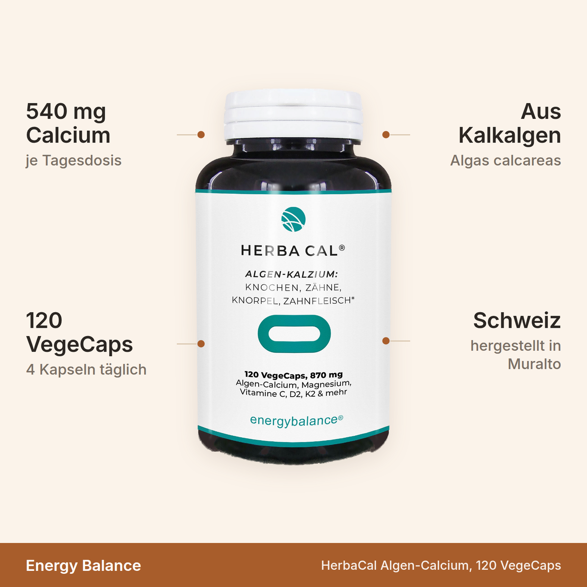HerbaCal Algen-Calcium – 540 mg Calcium je Tagesdosis, 120 VegeCaps, aus Kalkalgen, hergestellt in der Schweiz