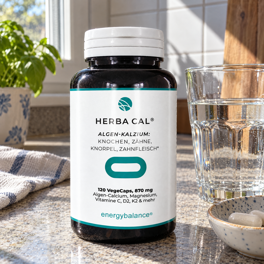 Energy Balance HerbaCal Algen-Calcium 120 VegeCaps – auf der Küchentheke mit Wasserglas