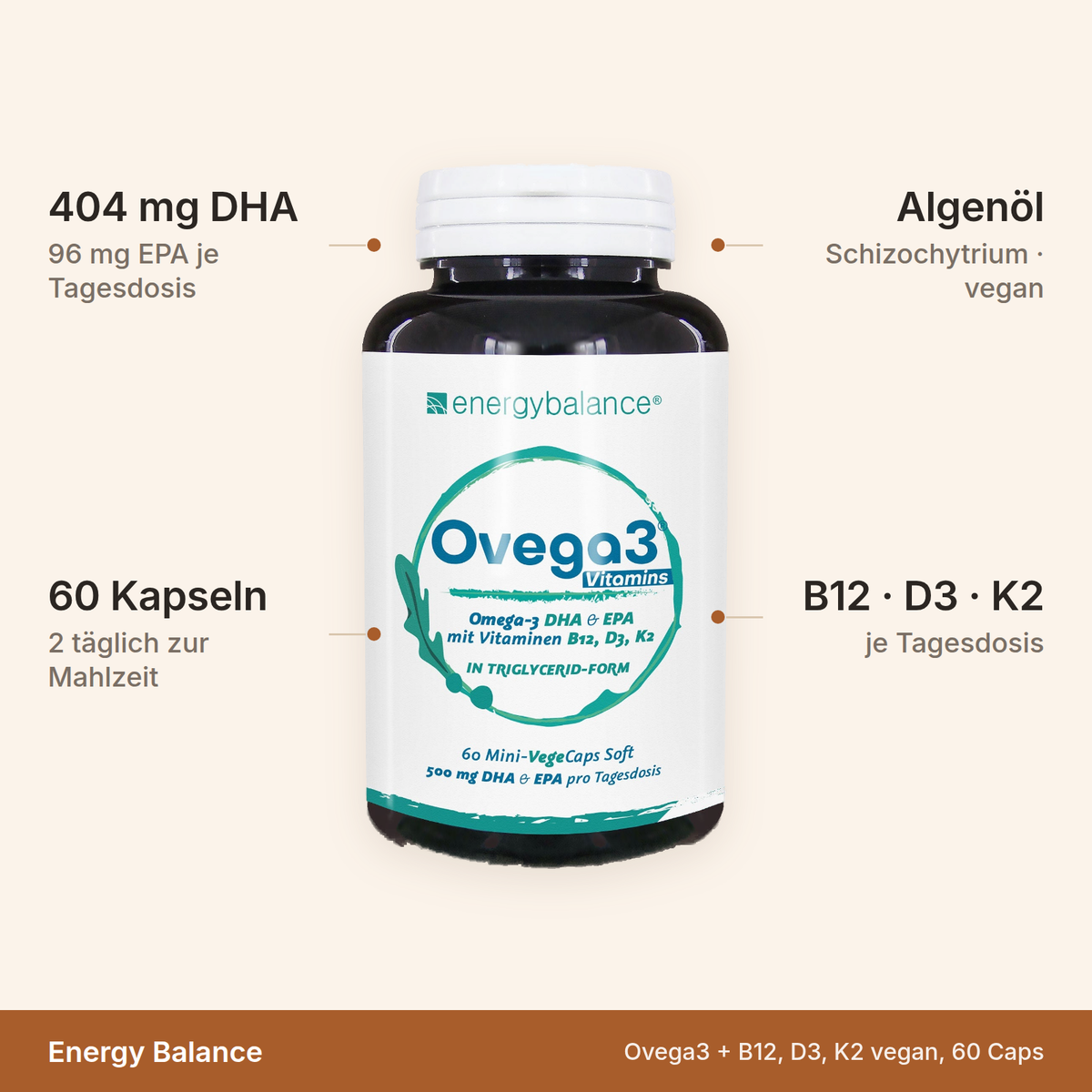 Ovega3 – 404 mg DHA und 96 mg EPA je Tagesdosis, 60 Kapseln, Algenöl, mit B12, D3 und K2