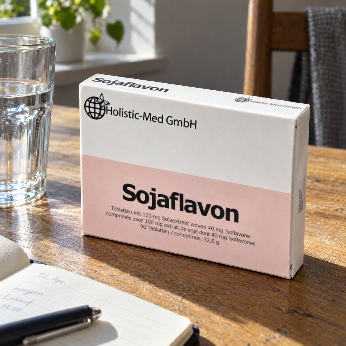 Holistic-Med Sojaflavone 40+ 90 Tabletten – auf dem Frühstückstisch mit Wasserglas