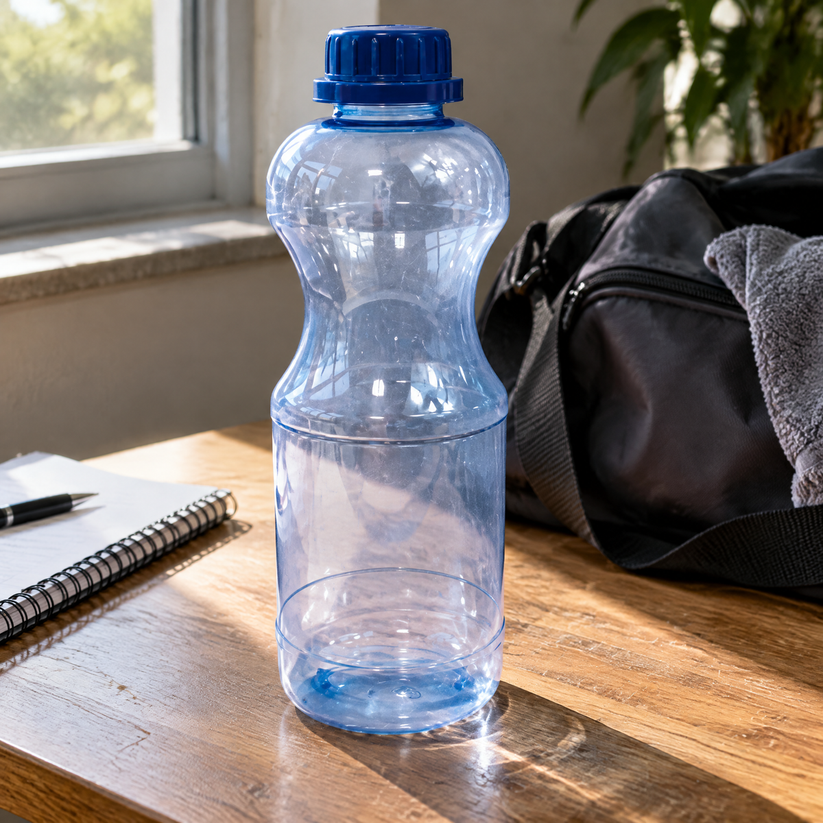 BodyReset Trinkflasche Tritan 1 Liter – auf dem Schreibtisch neben Notizbuch und Sporttasche