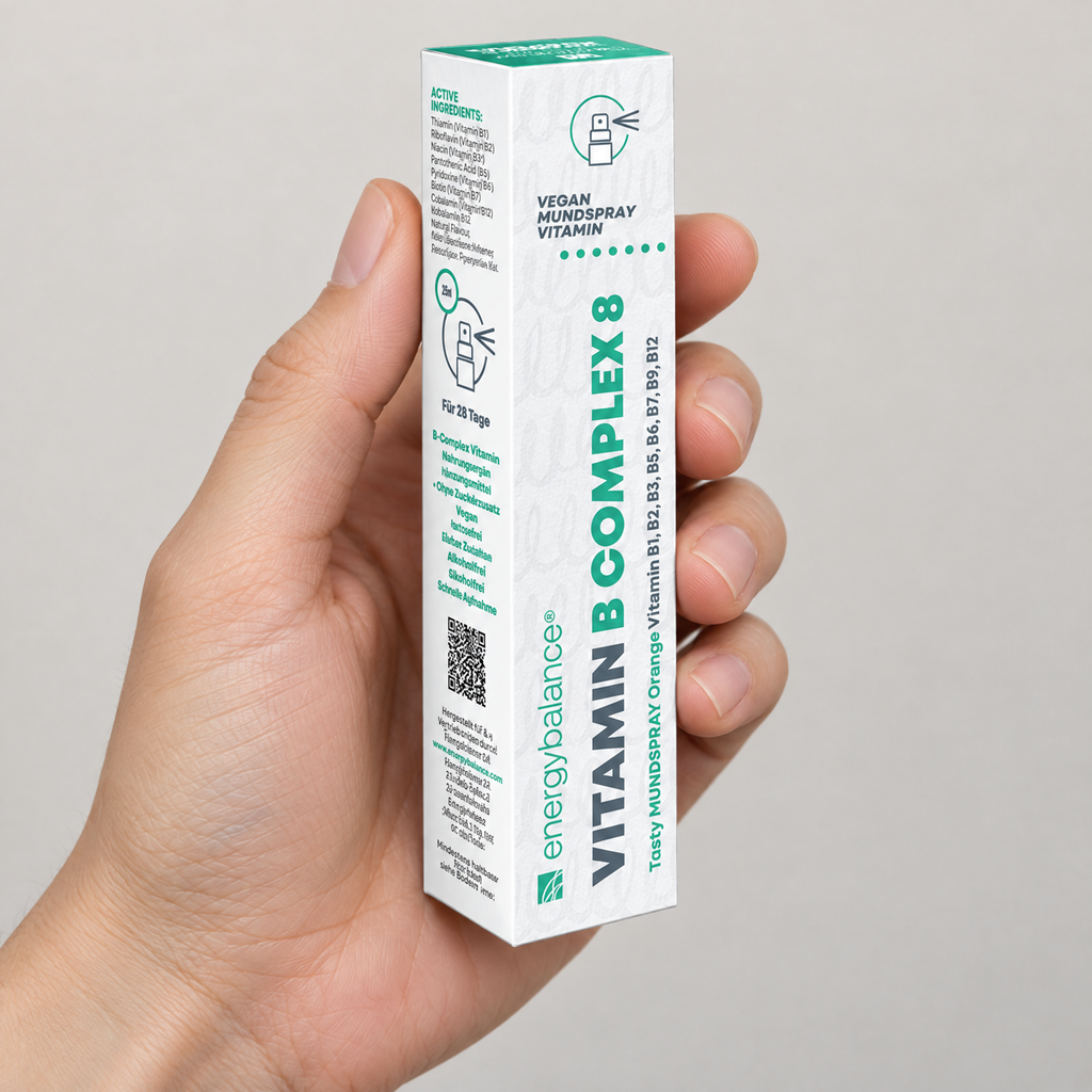 Energy Balance Vitamin B Complex 8 Mundspray 25 ml – Grössenvergleich in der Hand