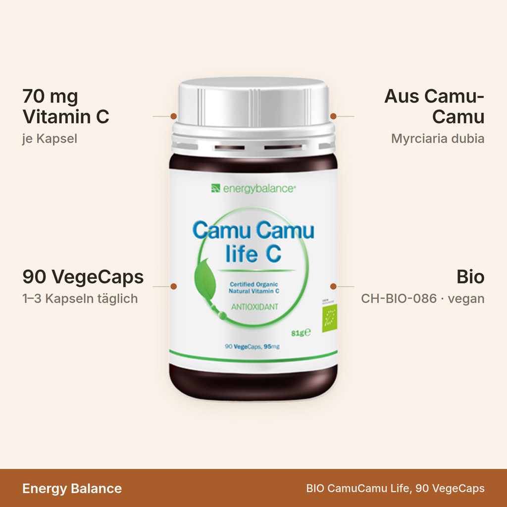 BIO CamuCamu Life – 70 mg natürliches Vitamin C je Kapsel, 90 VegeCaps, bio CH-BIO-086, vegan