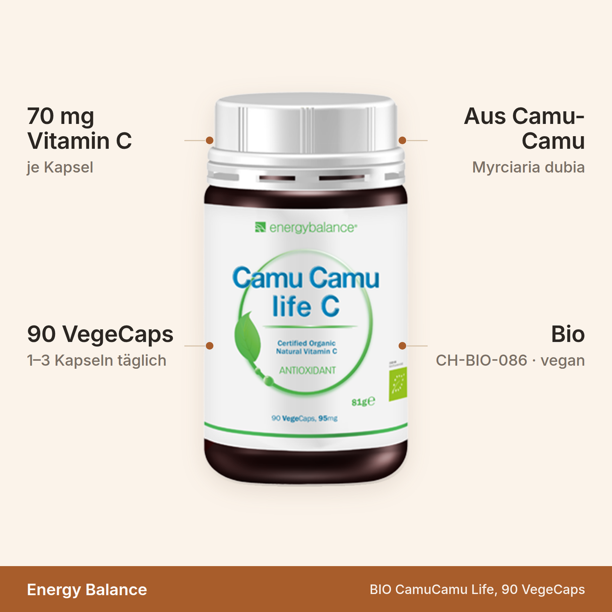 BIO CamuCamu Life – 70 mg natürliches Vitamin C je Kapsel, 90 VegeCaps, bio CH-BIO-086, vegan