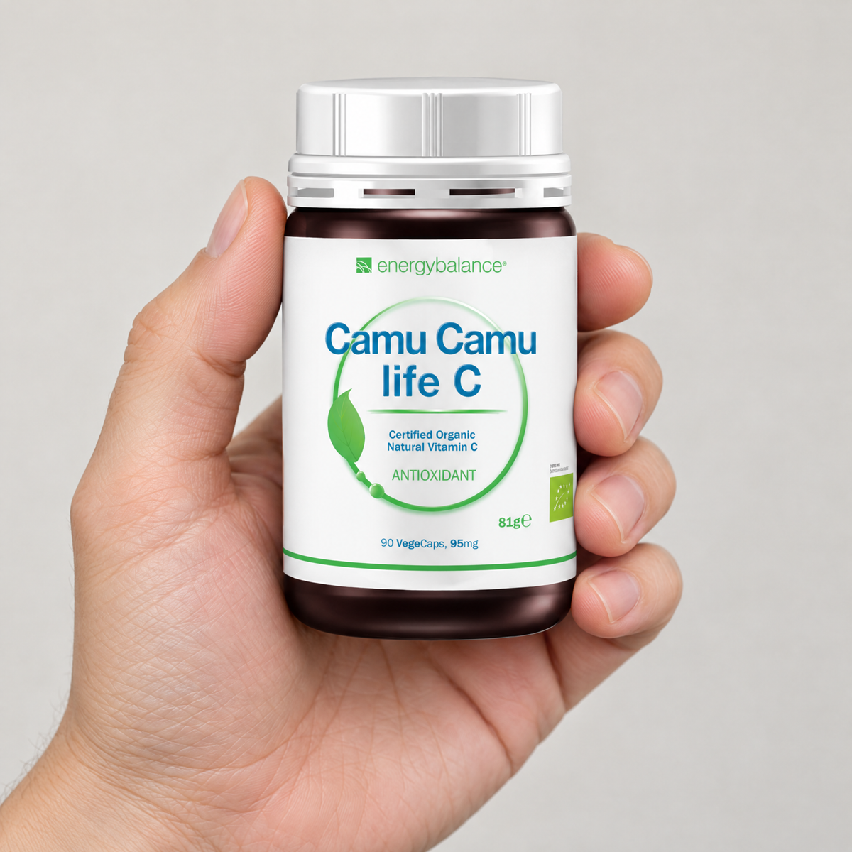 Energy Balance BIO CamuCamu Life 90 VegeCaps – Grössenvergleich in der Hand