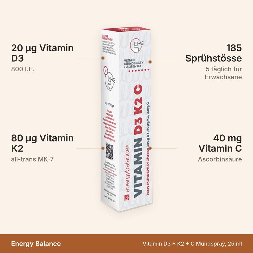 Vitamin D3 plus K2 plus C Mundspray – 20 µg Vitamin D3, 80 µg Vitamin K2 MK-7 und 40 mg Vitamin C, 185 Sprühstösse