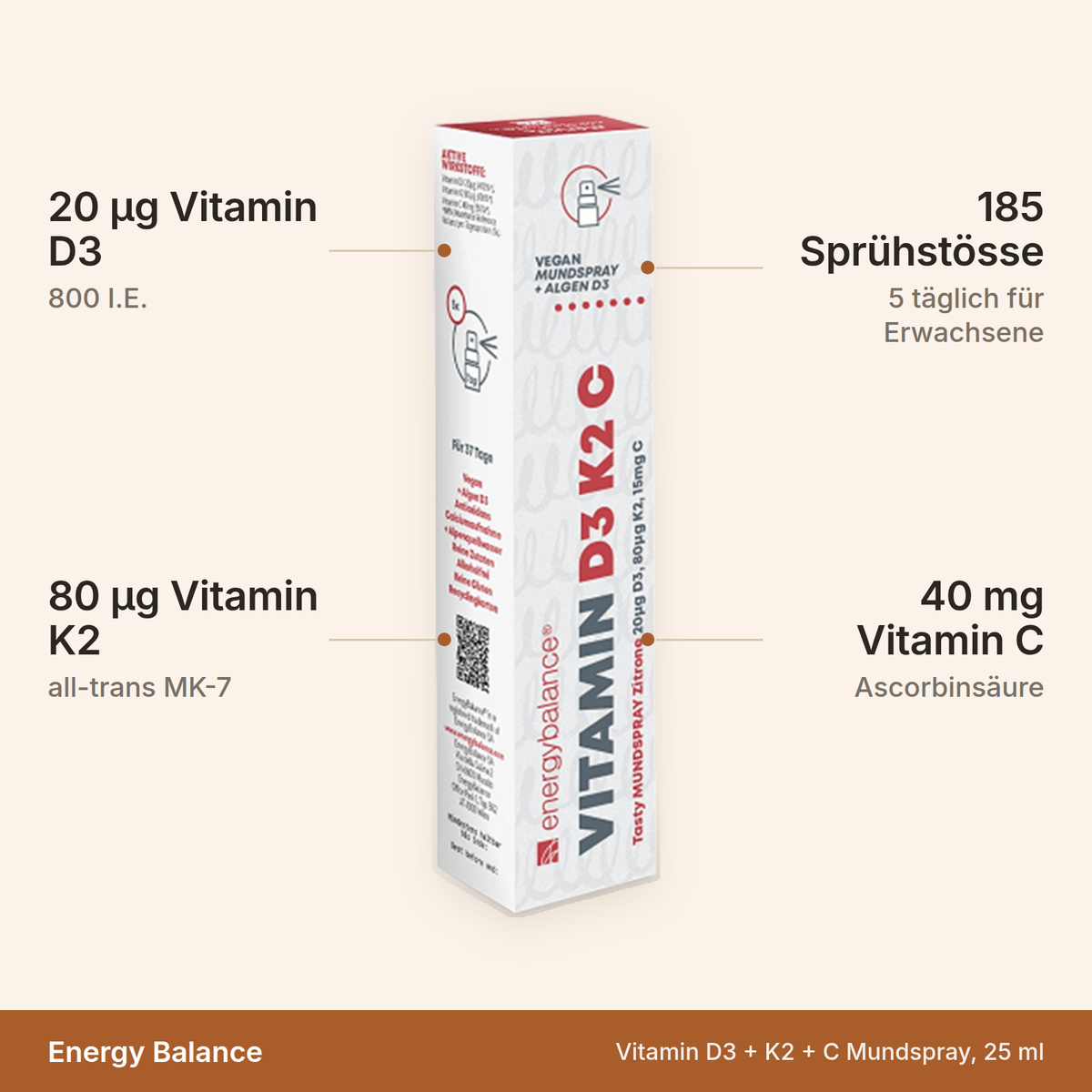 Vitamin D3 plus K2 plus C Mundspray – 20 µg Vitamin D3, 80 µg Vitamin K2 MK-7 und 40 mg Vitamin C, 185 Sprühstösse