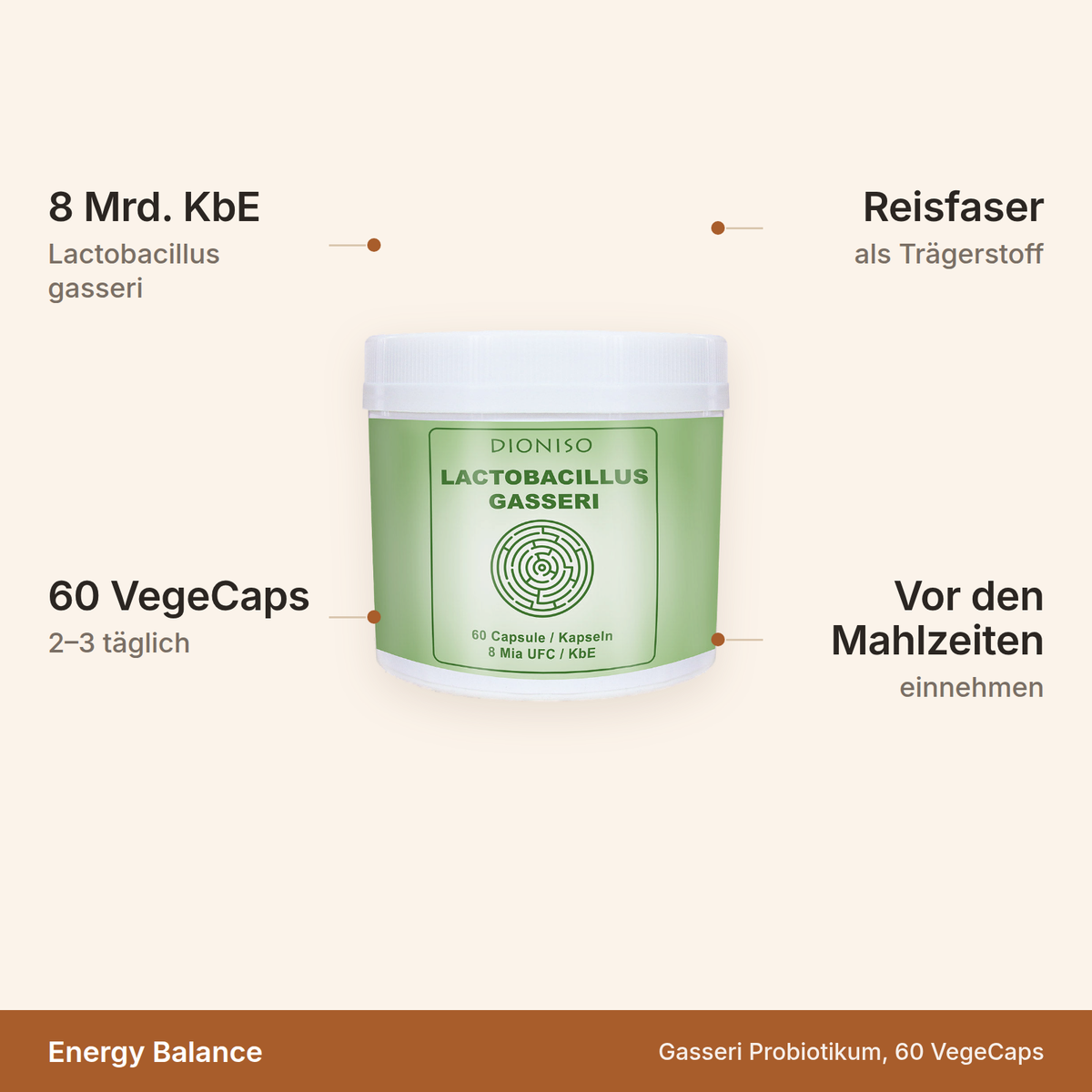Gasseri Probiotikum – 8 Mrd. KbE Lactobacillus gasseri, 60 VegeCaps, 2 bis 3 täglich vor den Mahlzeiten