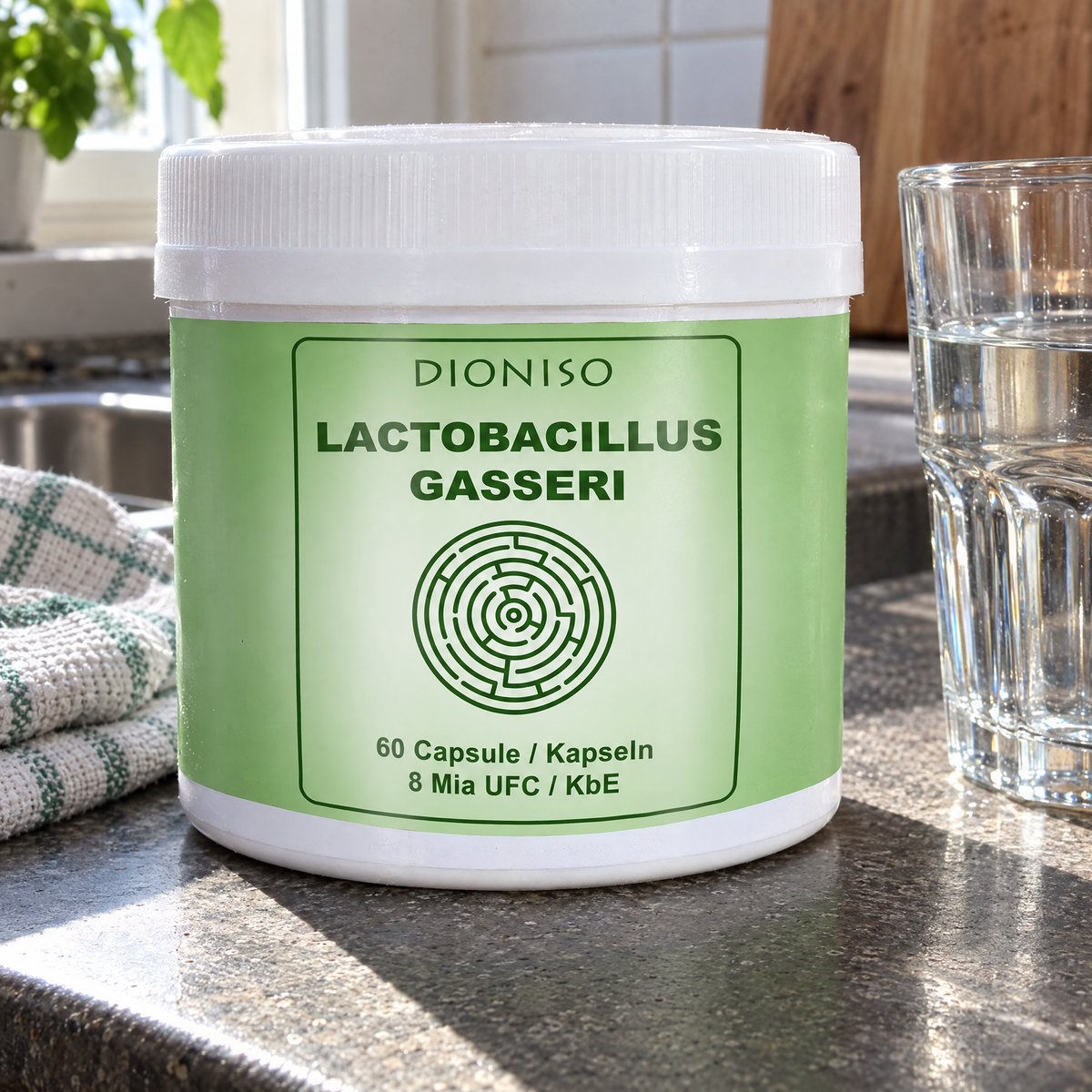 Energy Balance Gasseri Probiotikum 60 VegeCaps – auf der Küchentheke mit Wasserglas