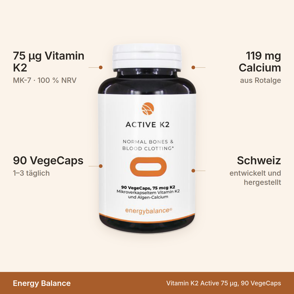Vitamin K2 Active – 75 µg Vitamin K2 als MK-7 und 119 mg Algencalcium, 90 VegeCaps, 1 bis 3 täglich