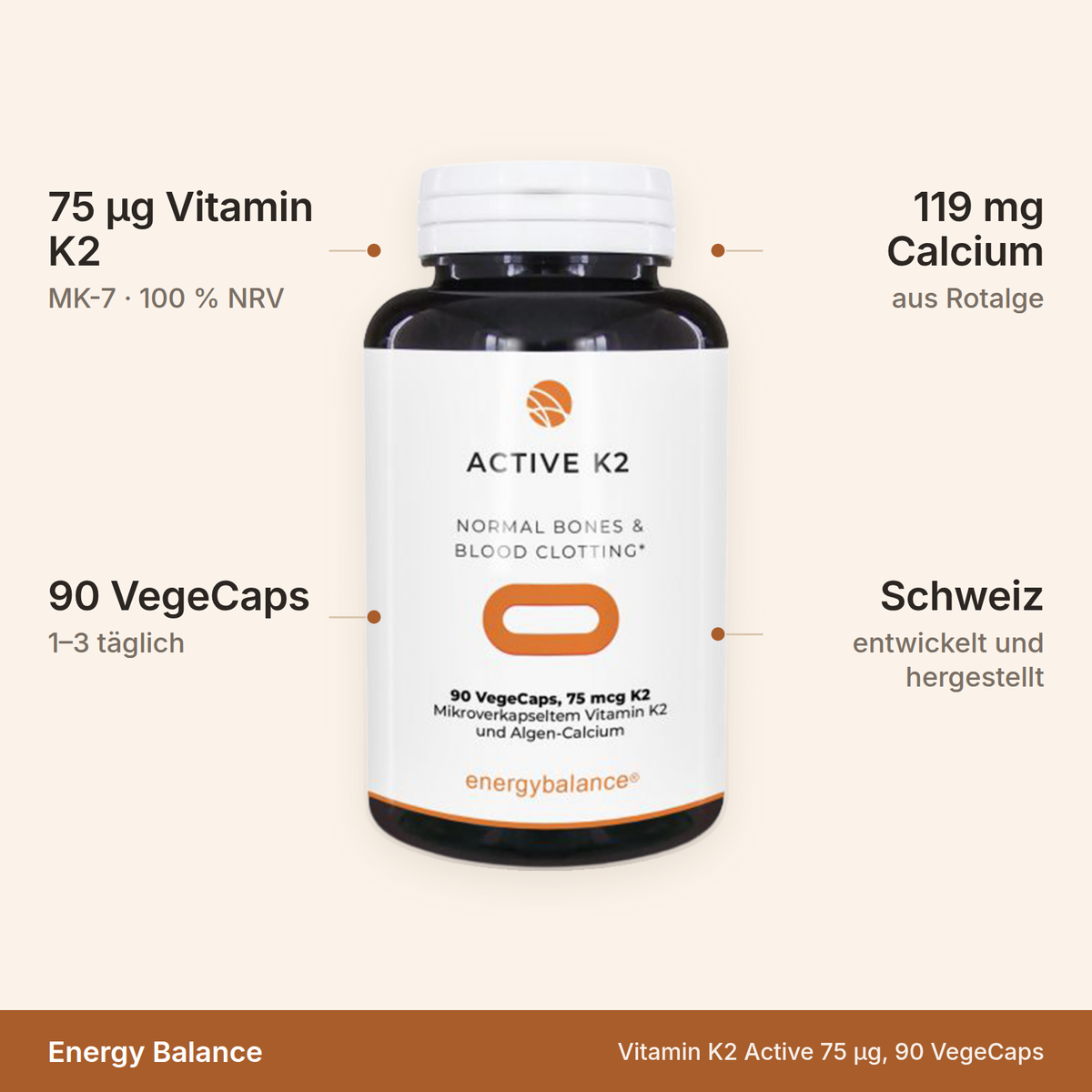 Vitamin K2 Active – 75 µg Vitamin K2 als MK-7 und 119 mg Algencalcium, 90 VegeCaps, 1 bis 3 täglich