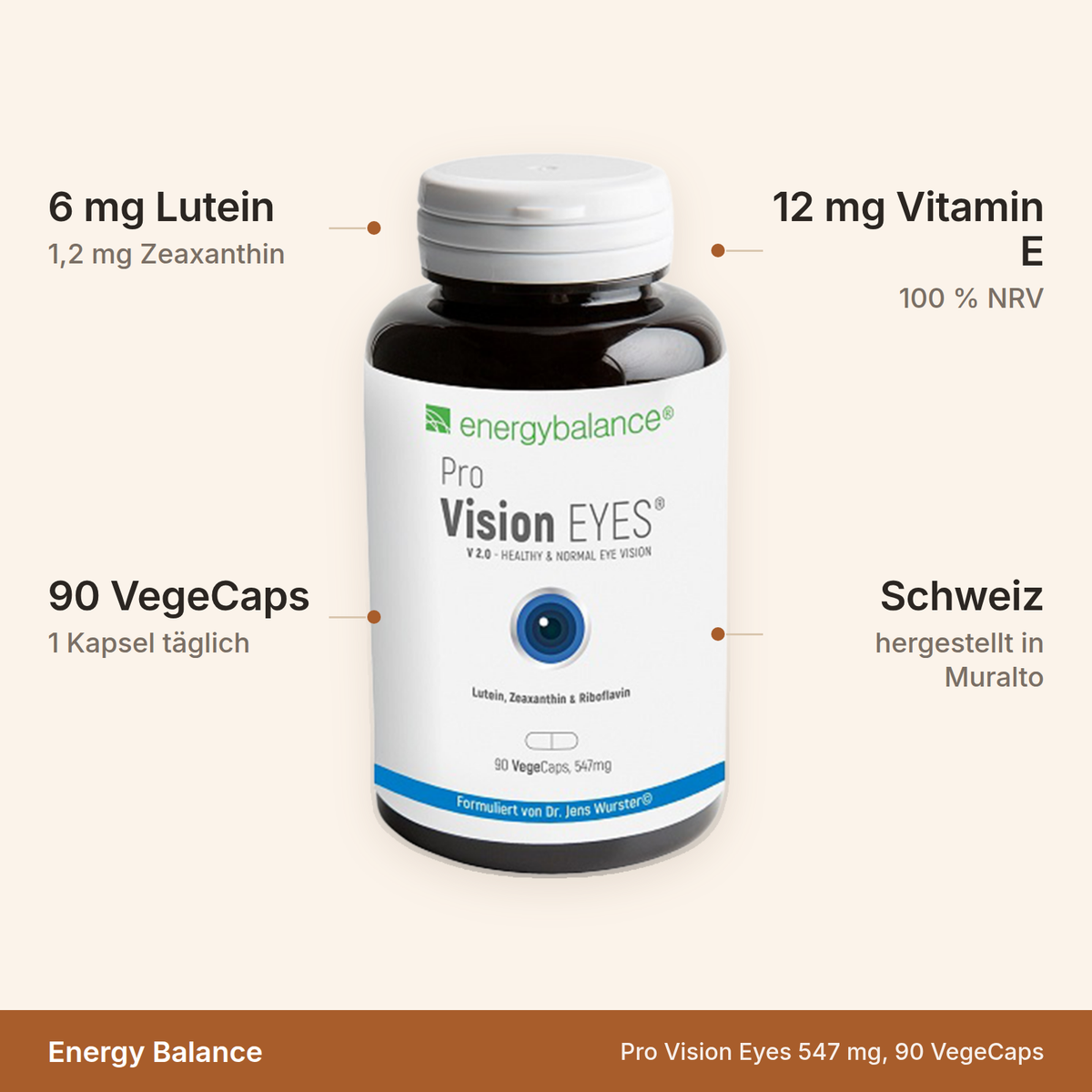 Pro Vision Eyes – 6 mg Lutein und 1,2 mg Zeaxanthin, 90 VegeCaps, 1 Kapsel täglich, hergestellt in der Schweiz