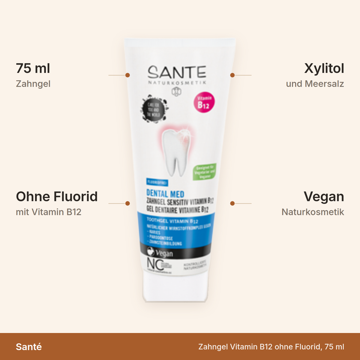 Santé Zahngel – 75 ml, ohne Fluorid, mit Vitamin B12, Xylitol und Meersalz, vegan