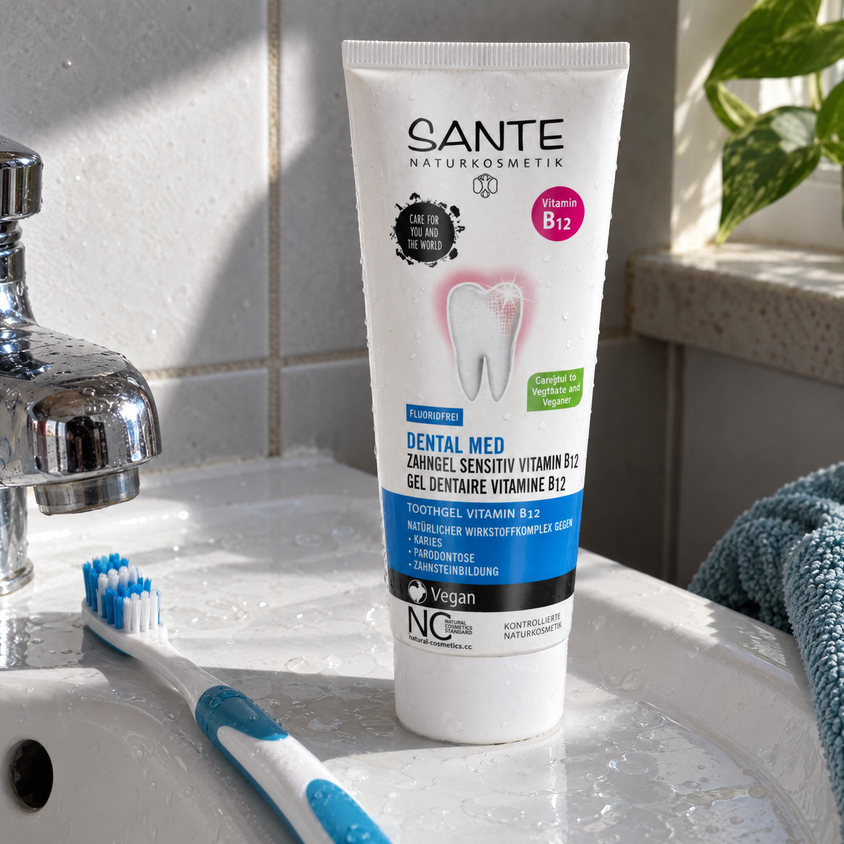 Santé Zahngel Vitamin B12 ohne Fluorid 75 ml – am Waschbecken neben einer Zahnbürste