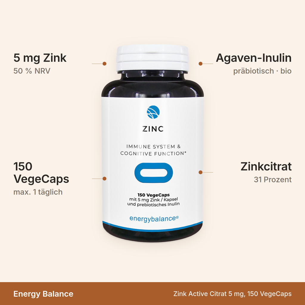 Zink Active Citrat – 5 mg Zink je Kapsel, 150 VegeCaps, mit präbiotischem Bio-Agaven-Inulin