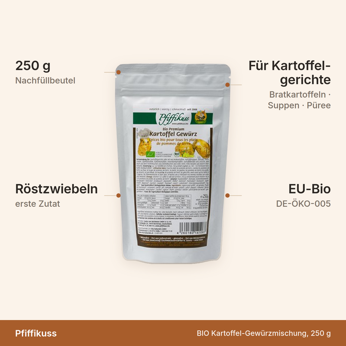 BIO Kartoffel-Gewürzmischung – 250 g Nachfüllbeutel mit Röstzwiebeln, für Bratkartoffeln, Suppen und Püree, EU-Bio