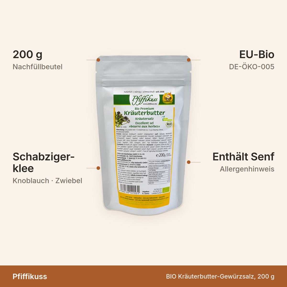 BIO Kräuterbutter-Gewürzsalz – 200 g Nachfüllbeutel, mit Schabzigerklee, Knoblauch und Zwiebel, EU-Bio, enthält Senf