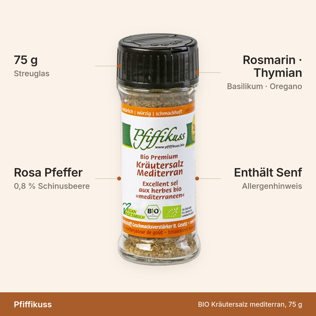 BIO Kräutersalz mediterran – 75 g Streuglas mit 0,8 Prozent rosa Pfeffer, Rosmarin, Thymian, Basilikum und Oregano, enthält Senf
