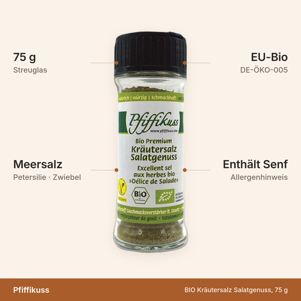 BIO Kräutersalz Salatgenuss – 75 g Streuglas, Meersalz mit Petersilie und Zwiebel, EU-Bio, enthält Senf