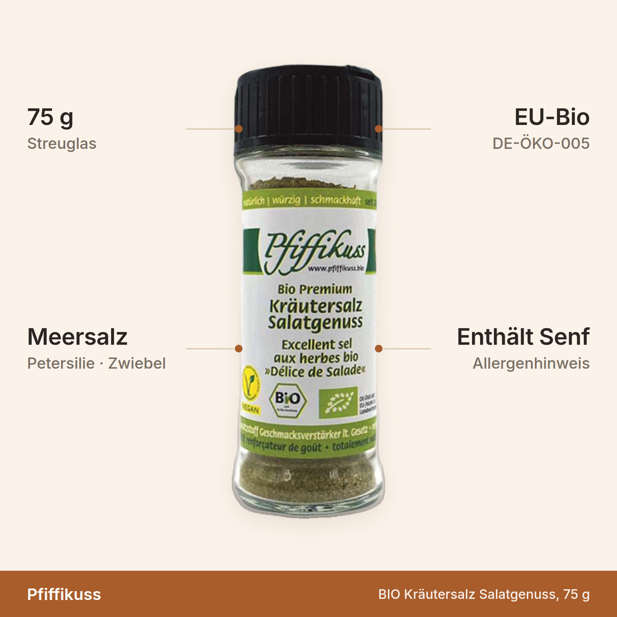 BIO Kräutersalz Salatgenuss – 75 g Streuglas, Meersalz mit Petersilie und Zwiebel, EU-Bio, enthält Senf