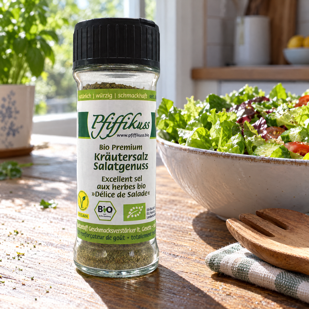 Pfiffikuss BIO Kräutersalz Salatgenuss 75 g – auf dem Küchentisch neben einer Schüssel Blattsalat