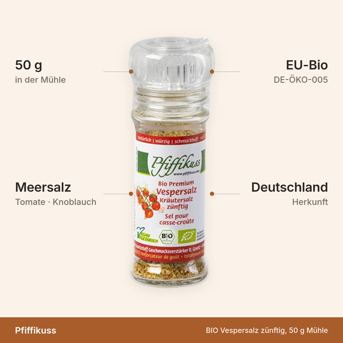BIO Vespersalz zünftig – 50 g in der Mühle, Meersalz mit Tomate und Knoblauch, EU-Bio, aus Deutschland