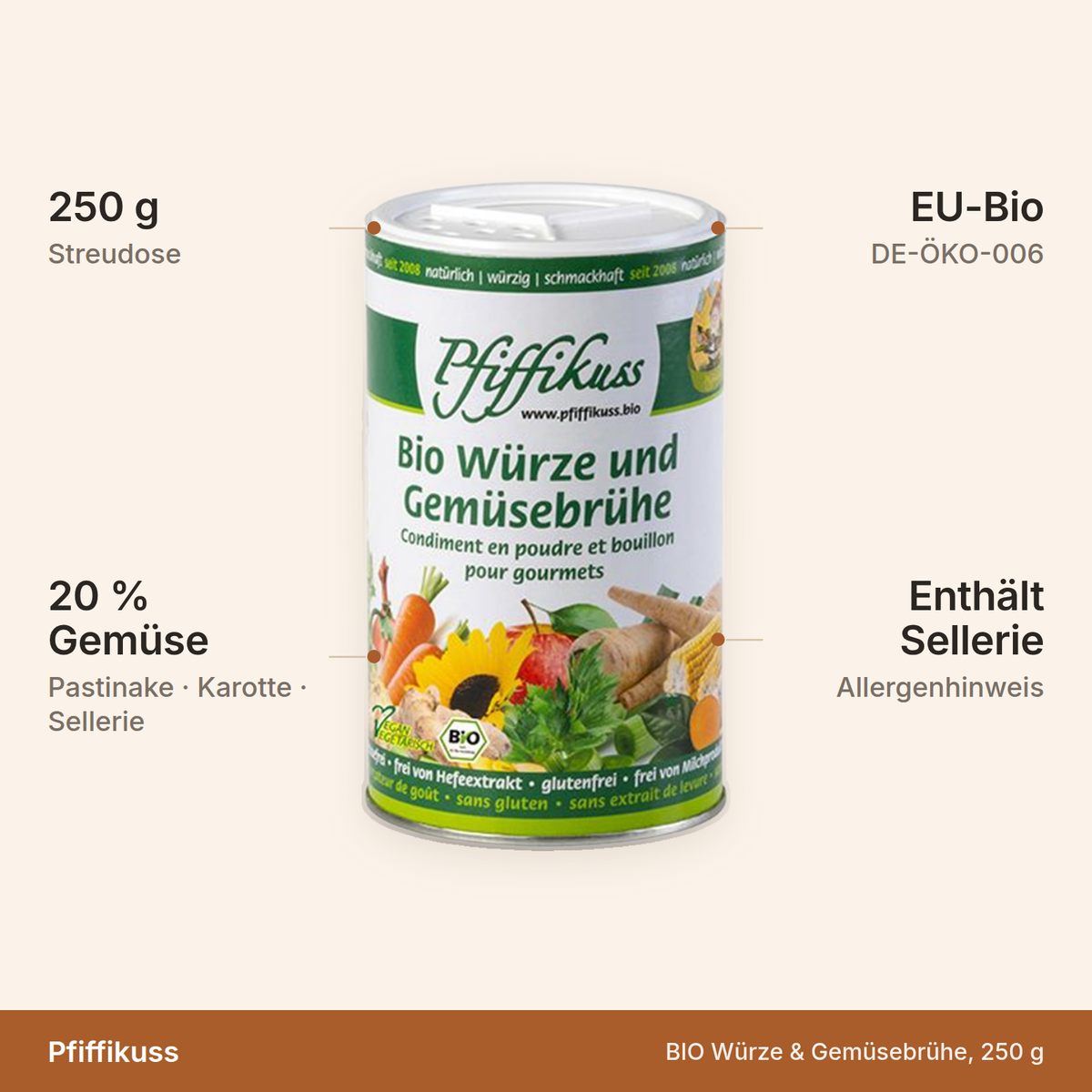 BIO Würze und Gemüsebrühe – 250 g Streudose, 20 Prozent Gemüse aus Pastinake, Karotte und Sellerie, EU-Bio, enthält Sellerie
