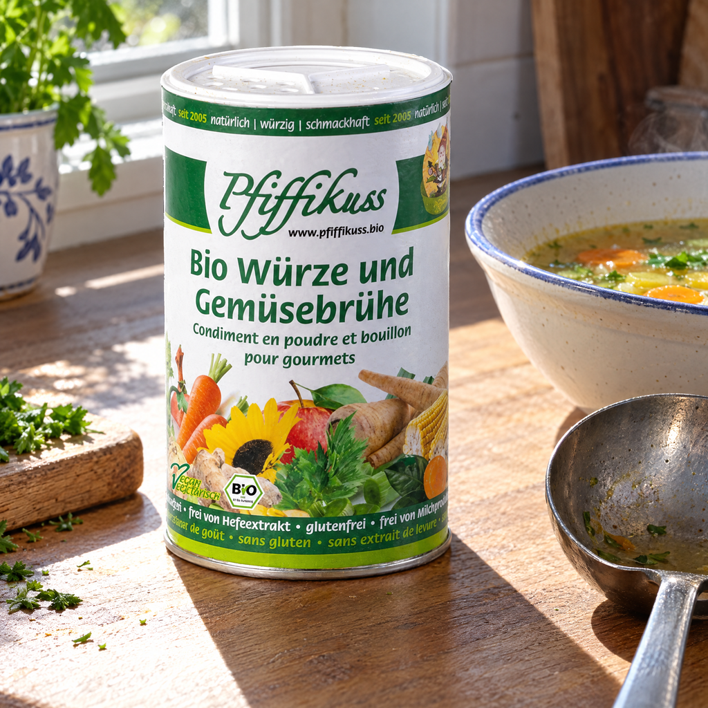 Pfiffikuss BIO Würze & Gemüsebrühe 250 g Streudose – auf der Küchenarbeitsfläche neben Suppenschale und Kelle