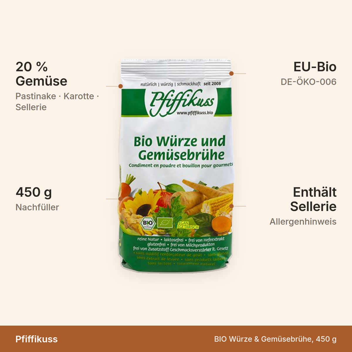 BIO Würze und Gemüsebrühe – 20 Prozent Gemüse aus Pastinake, Karotte und Sellerie, 450 g Nachfüller, EU-Bio, enthält Sellerie