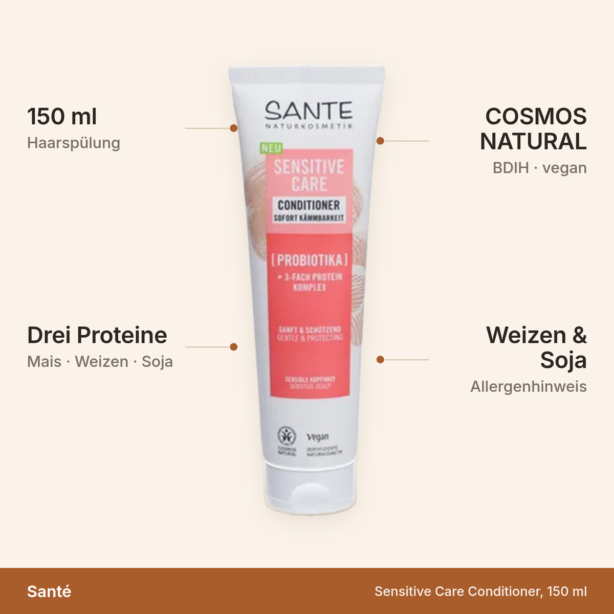 Santé Sensitive Care Conditioner – 150 ml Haarspülung mit drei Proteinen aus Mais, Weizen und Soja, COSMOS NATURAL, vegan