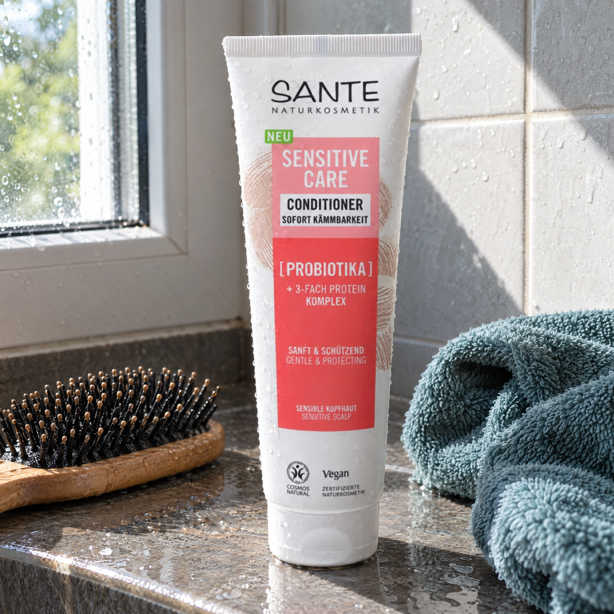 Santé Sensitive Care Conditioner 150 ml – auf einer Badezimmerablage neben Haarbürste und Handtuch