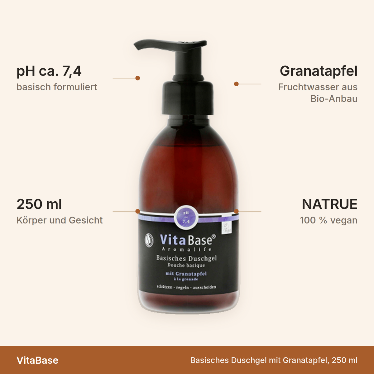 VitaBase Basisches Duschgel – pH ca. 7,4, 250 ml mit Granatapfel-Fruchtwasser aus Bio-Anbau, NATRUE, 100 Prozent vegan