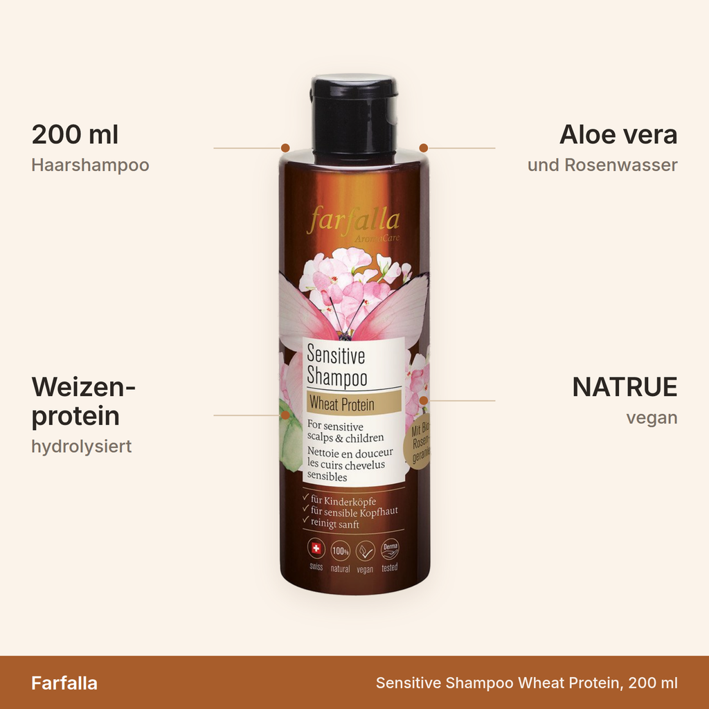 Farfalla Sensitive Shampoo – 200 ml mit hydrolysiertem Weizenprotein, Aloe vera und Rosenwasser, NATRUE-zertifiziert, vegan