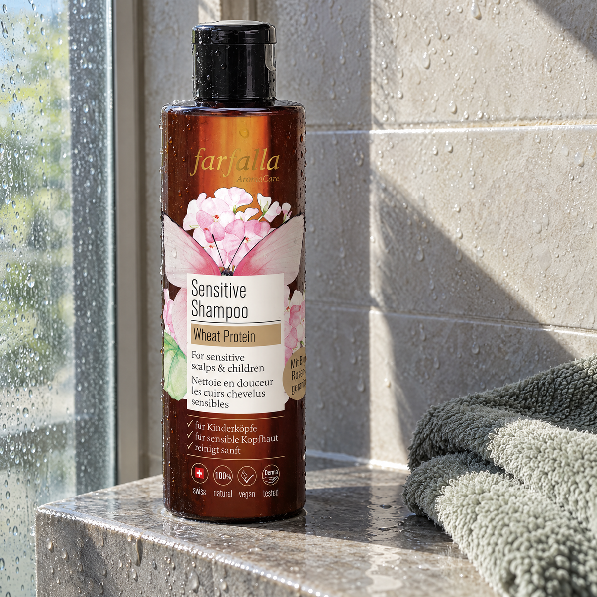 Farfalla Sensitive Shampoo Wheat Protein 200 ml – auf einer Duschablage mit Wassertropfen und Handtuch