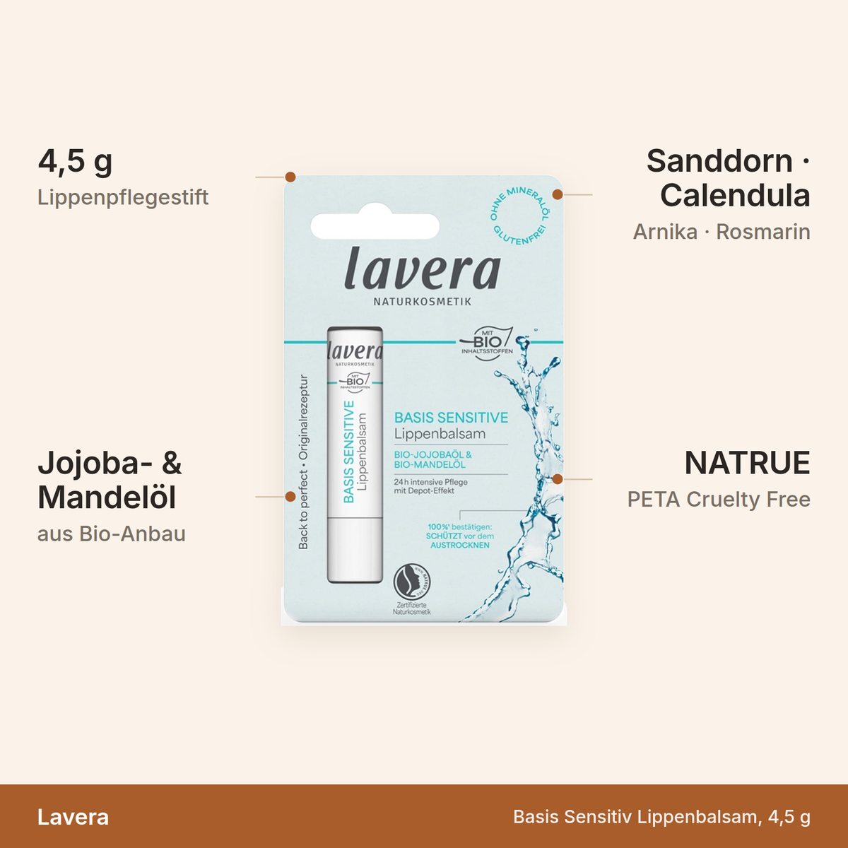 Lavera Basis Sensitiv Lippenbalsam – 4,5 g Pflegestift mit Bio-Jojobaöl und Bio-Mandelöl, Sanddorn, Calendula und Arnika, NATRUE