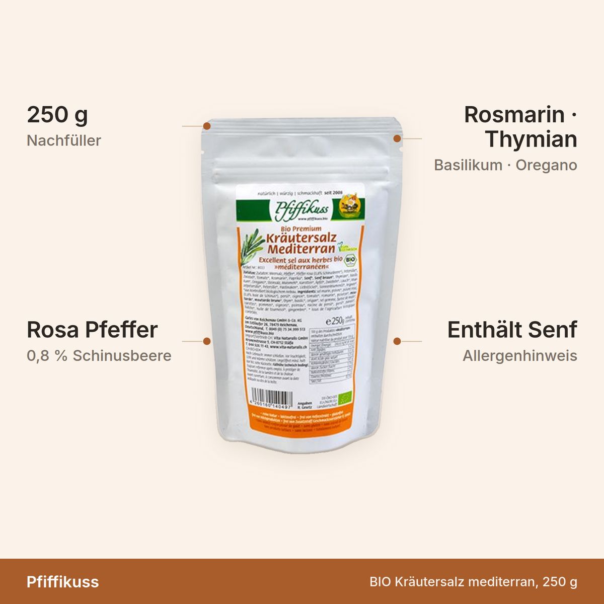 BIO Kräutersalz mediterran – 250 g Nachfüller mit 0,8 Prozent rosa Pfeffer, Rosmarin, Thymian, Basilikum und Oregano, enthält Senf