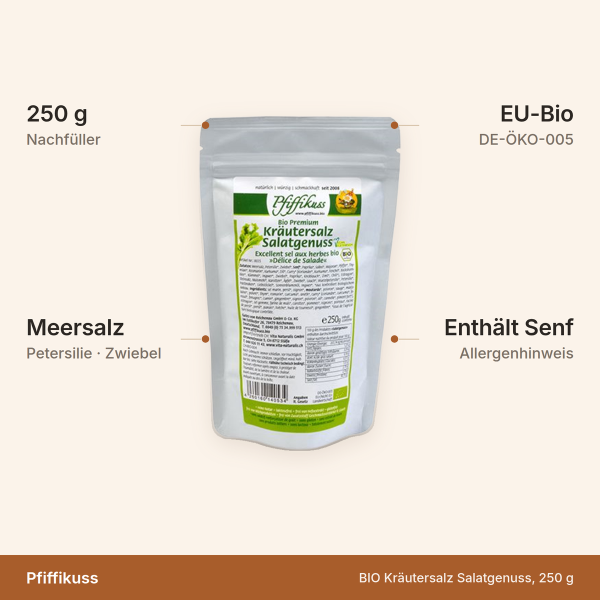 BIO Kräutersalz Salatgenuss – 250 g Nachfüller, Meersalz mit Petersilie und Zwiebel, EU-Bio, enthält Senf