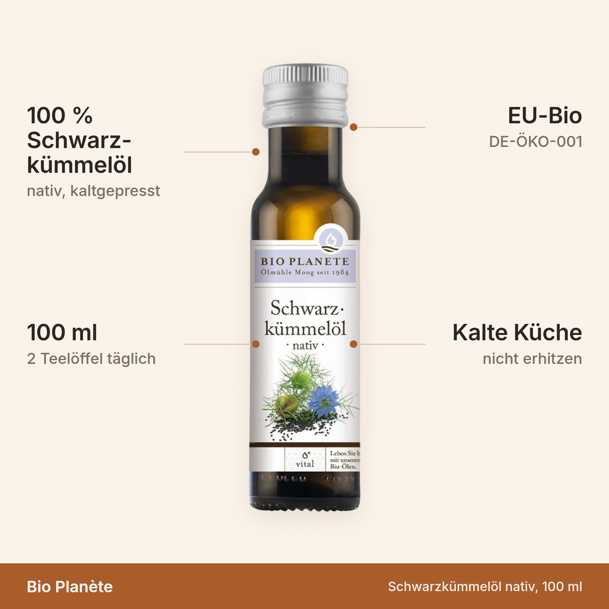 Bio Planète Schwarzkümmelöl – 100 ml, 100 Prozent nativ und kaltgepresst, EU-Bio DE-ÖKO-001, für die kalte Küche