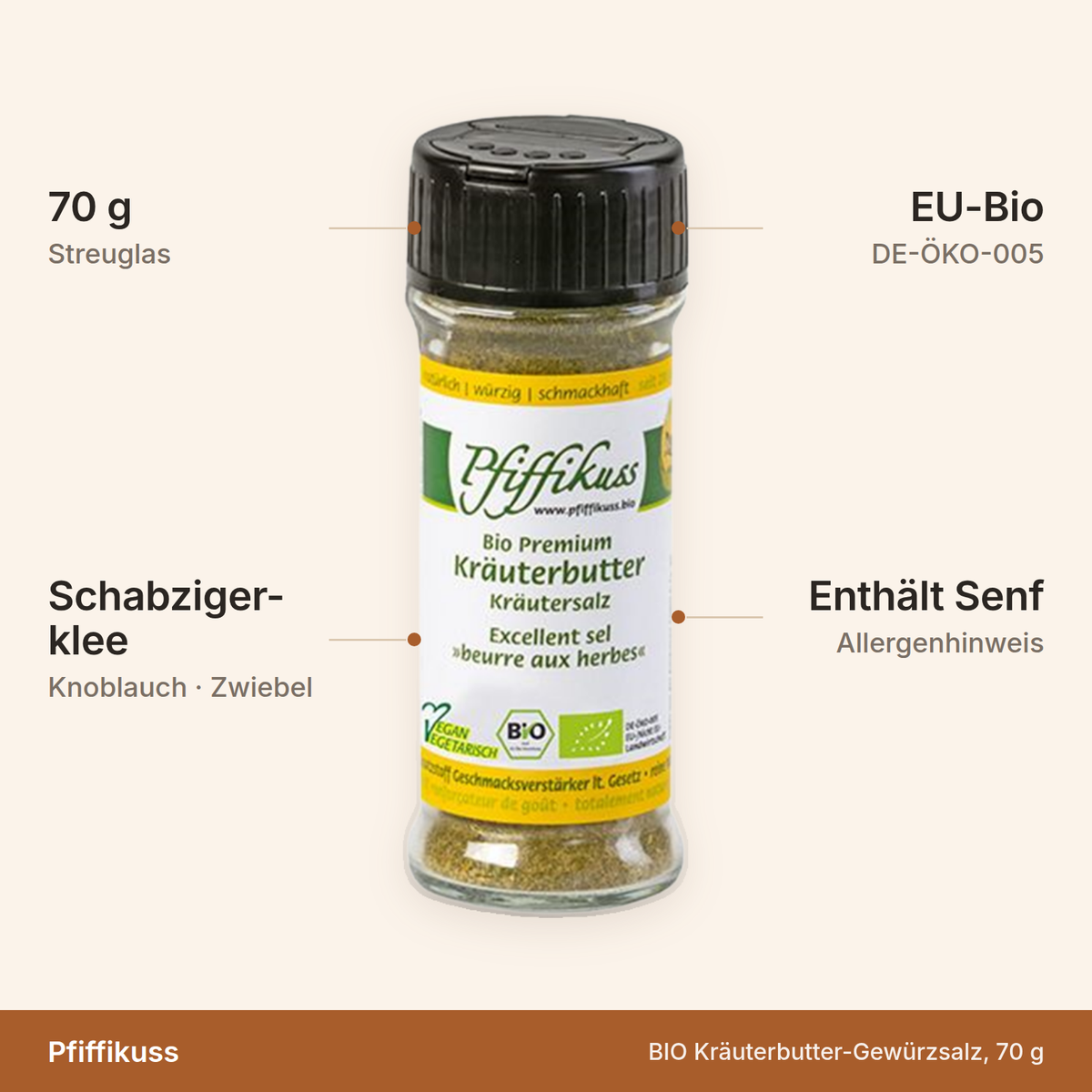 BIO Kräuterbutter-Gewürzsalz – 70 g Streuglas mit Schabzigerklee, Knoblauch und Zwiebel, EU-Bio, enthält Senf